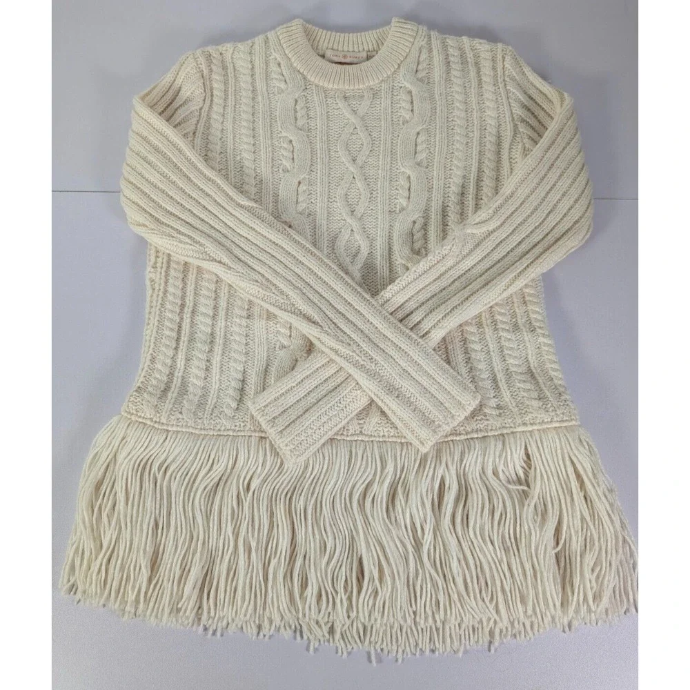 Tory Burch Ivory Cable-Knit Fringe Sweater